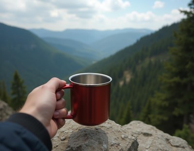 A red mug on a mountaintop overlooking a valley