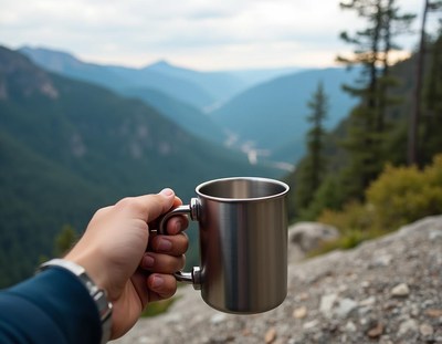 A hand with a metal mug before a mountain range