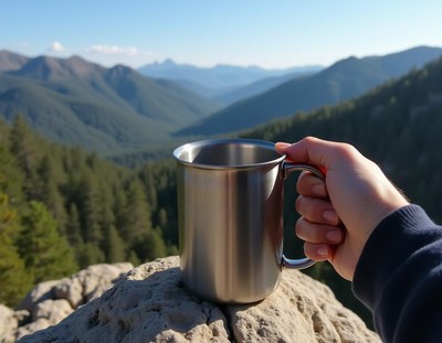 A metal mug sits on a rock overlooking a valley