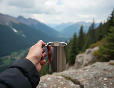 A hand holds a steel mug by the mountains
