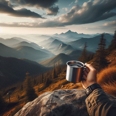 A cup of coffee enjoyed on a mountain peak