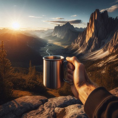 A hand holds a mug against a mountain sunrise