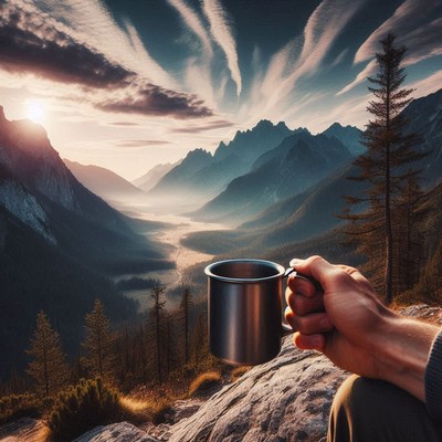 Hand with a mug at a stunning mountain sunrise