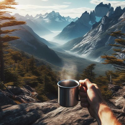 A steaming cup of coffee overlooking a mountain valley