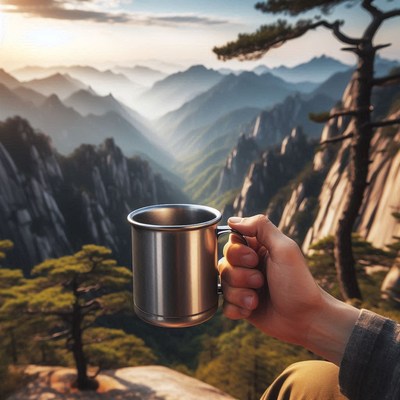 A person enjoys a morning cup of coffee in the mountains