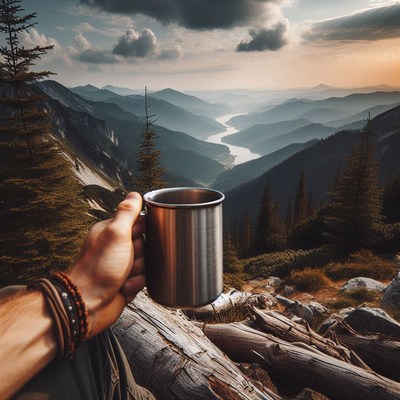 A hand holds a mug on a mountain overlooking a valley