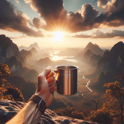 A hand holds a mug against a breathtaking mountain sunrise