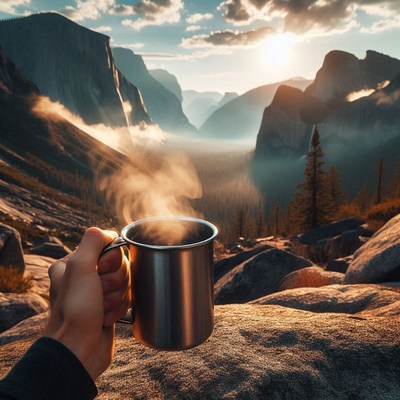 A warm mug of coffee enjoyed at sunrise in yosemite