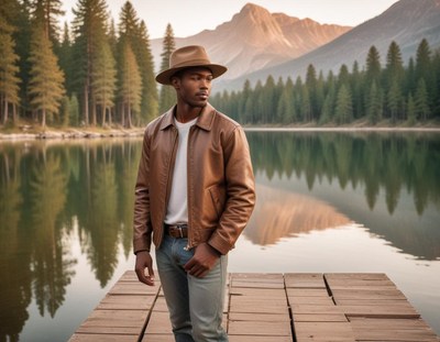 A man in a brown hat stands on a wooden dock by a lake