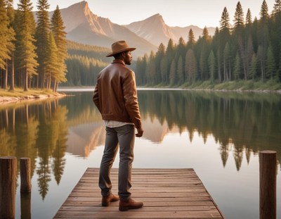 Man on dock gazes at mountain lake