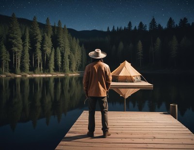 A man stands on a wooden dock overlooking a lake at night
