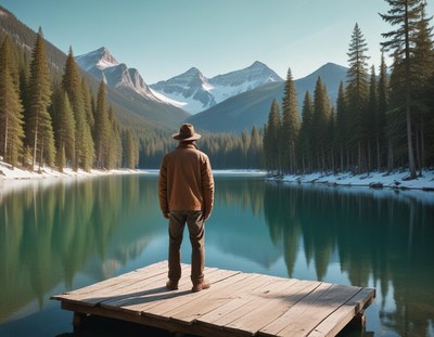 Man on dock by lake and mountains