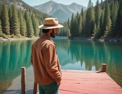 A man in a hat stands on a lake dock