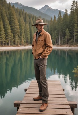A man in a hat stands on a dock overlooking a tranquil lake