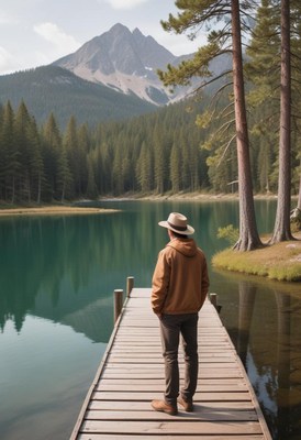 Man on dock by tranquil mountain lake