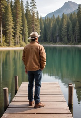 A man stands on a wooden dock overlooking a serene lake