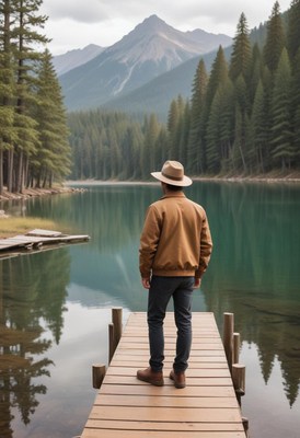 A man in a hat stands on a dock by a calm lake