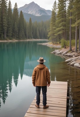 A man stands on a wooden dock overlooking a mountain lake