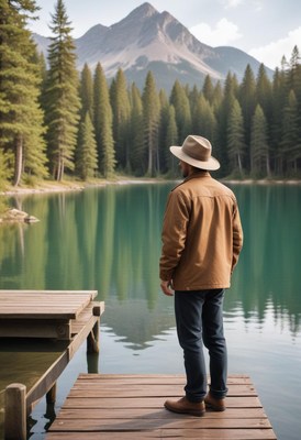 A man stands on a wooden dock overlooking a serene lake