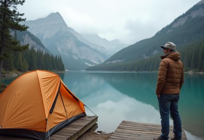 Man on dock by a peaceful mountain lake
