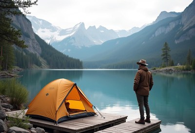 Man on dock by lake gazes at mountain tent