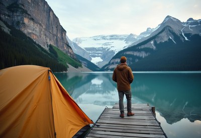 Man enjoys lake view and snowy peaks from dock