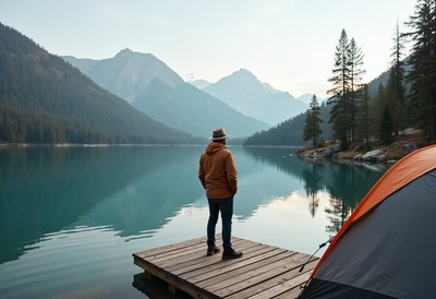 A man stands on a dock by a mountain lake
