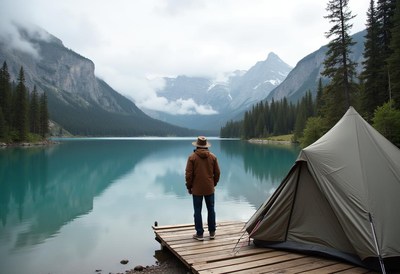 Man enjoys the peaceful lake and mountain view