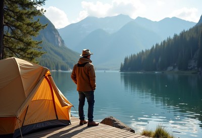 Man admires lake and mountains by his tent in morning
