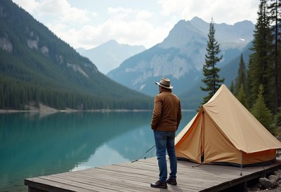 A man enjoys the view from a mountain lake