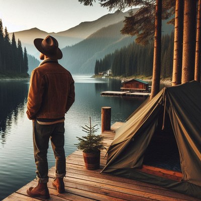 A man stands on a wooden dock overlooking a lake