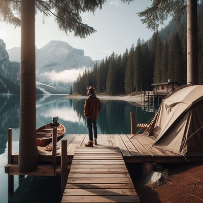 A man stands on a dock overlooking a calm lake