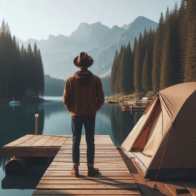 A man stands on a wooden dock overlooking a serene lake