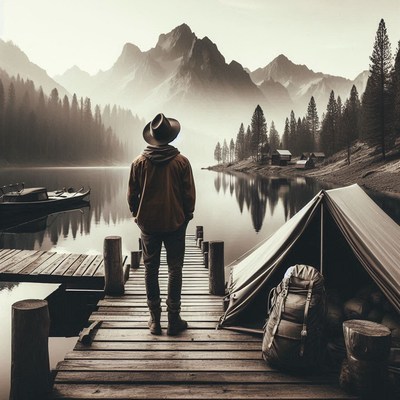 Man on dock admires mountain lake view