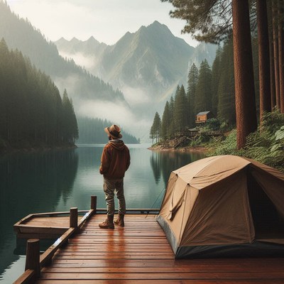 A hiker enjoys the view from a dock by a lake