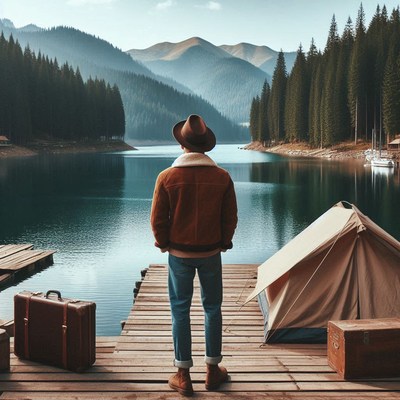 A man in a hat stands on a dock by a lake