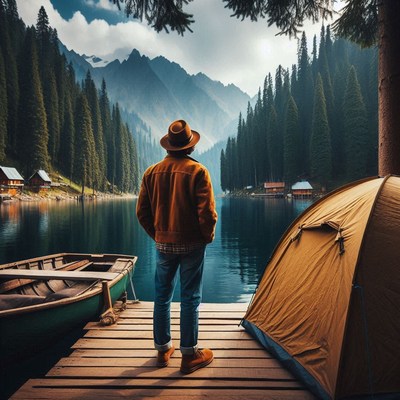Man in a hat gazes at a calm lake by mountains