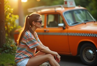 A woman in sunglasses sits by an orange taxi