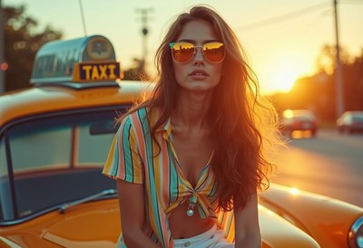 A woman sits on a yellow taxi at sunset