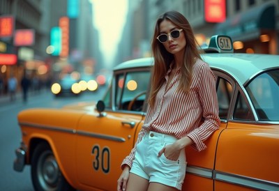 Woman in stripes leans on a yellow taxi