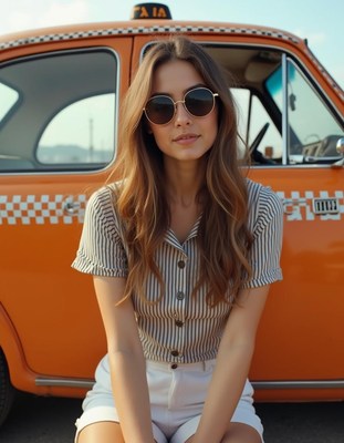 A woman in sunglasses sits by a classic taxi