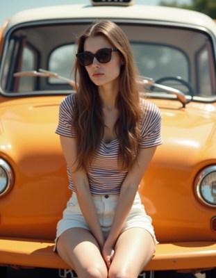 A woman sits on a yellow car