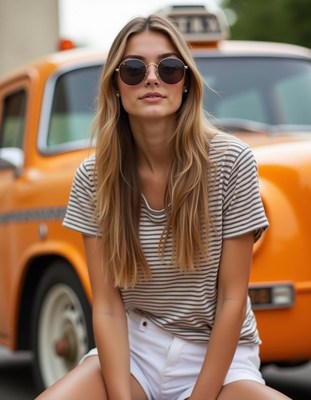 Woman in stripes sits by a yellow car