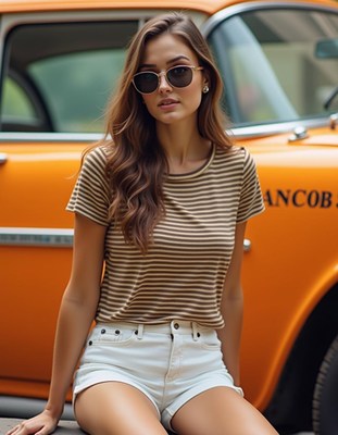 A woman wearing sunglasses sits on a car
