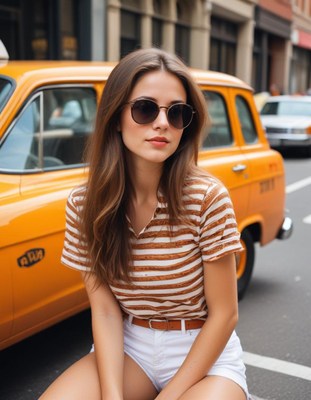 A woman sits beside a yellow taxi in new york city
