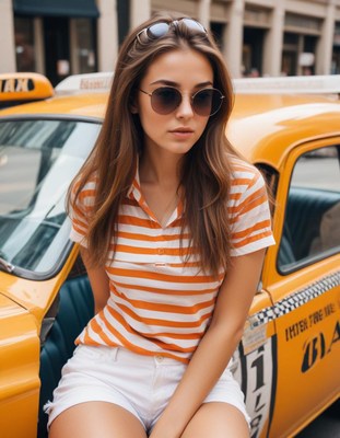 A woman in a striped shirt sits by a yellow car