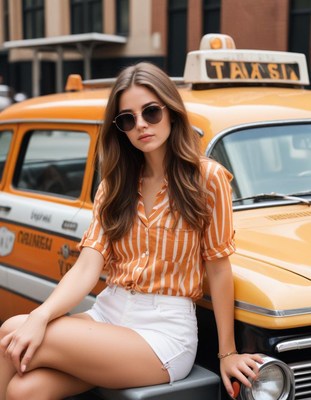 A woman in a striped shirt sits on a yellow taxi