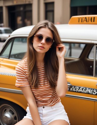 A woman wearing sunglasses sits next to a yellow car