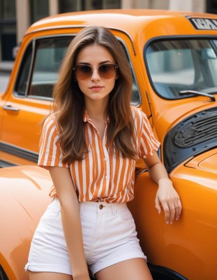 Woman in white shorts leans on yellow car