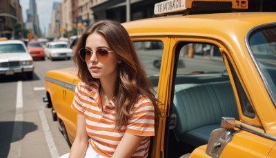 Woman in sunglasses leans on yellow nyc taxi